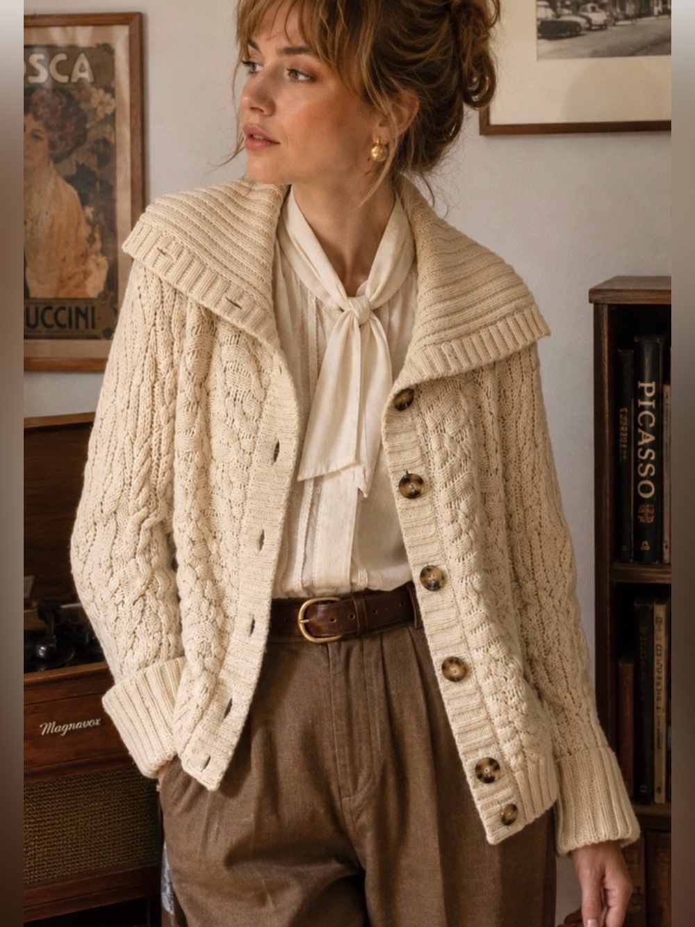 NWT ANN TAYLOR Beige Chunky Cable-knit Button Cardigan 3/4” Sleeves Sz L